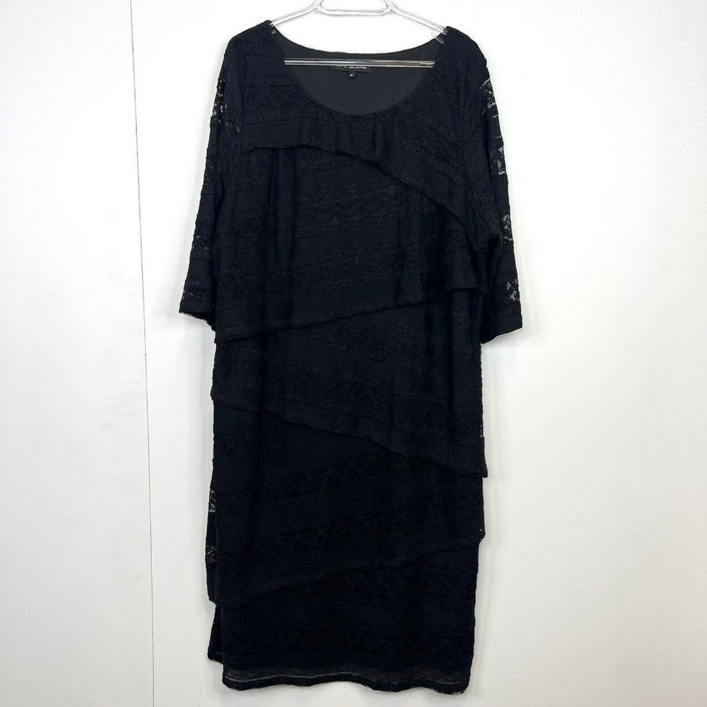 Lori M Collection Dress Plus Size 3X Black 3/4 Sleeve Layered Tiered Lace